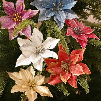 

Glitter Artificial Flowers Christmas Flowers Xmas Tree Ornaments DIY Merry Christmas Decorations for Home New Year Party Decor