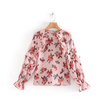 

VomVoa 2020 spring new European and American style flower print round neck pullover lotus leaf long sleeve shirt women
