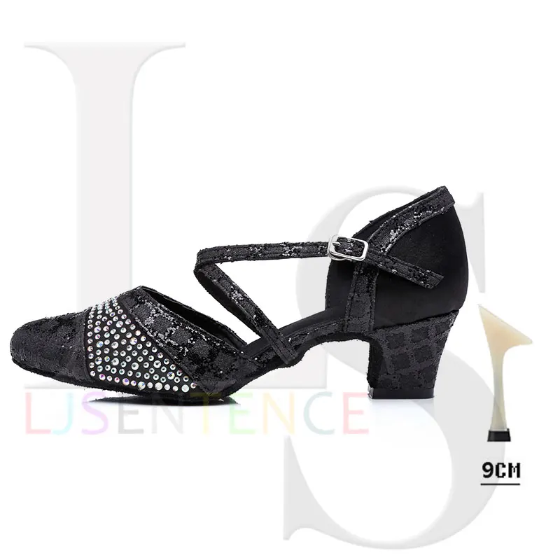 Black 9 cm Черные стразы; модные туфли для бальных танцев; туфли для латинских танцев; женские туфли на высоком каблуке с мягкой подошвой; устойчивые туфли для латинских танцев; L412 - Цвет: Black 9 cm