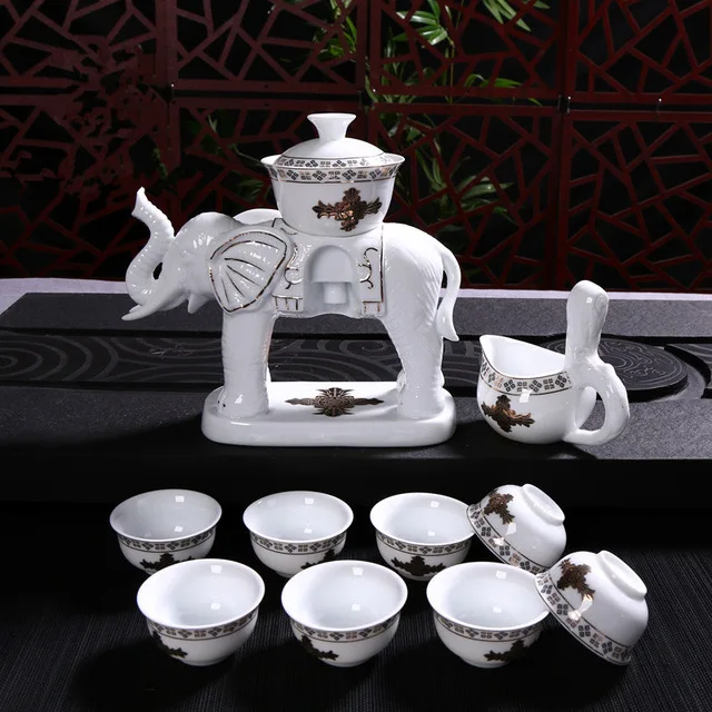 

Hot New Elephant Porcelain Kung Fu Tea Set Cups Automatic White Ceramic Transparent Tea Pot Cup Sets With Gift Box