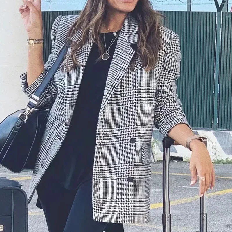 Vintage Houndstooth Plaid Blazer Feminino Autumn Winter Double Breasted Long Sleeve Women Blazer Jackets Casual Notched New