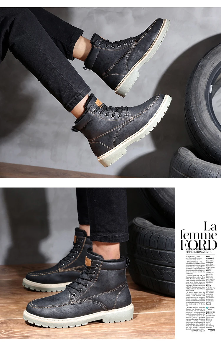 FEVRAL/Новые ботинки мужские осенне-зимние ботинки из искусственной кожи мужские рабочие Ботильоны Теплая обувь с высоким берцем на шнуровке Мужская защитная обувь