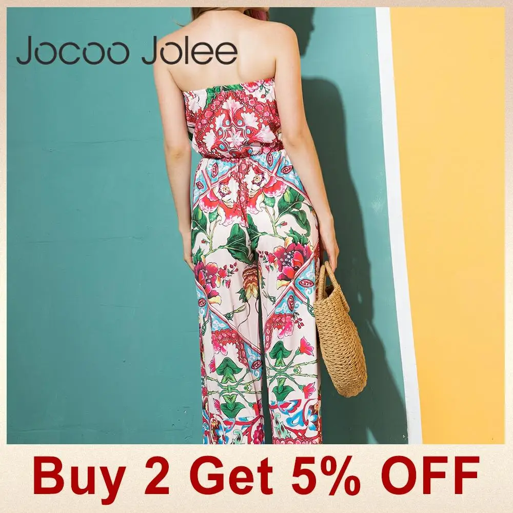 Jocoo Jolee, модные комбинезоны в стиле бохо, сексуальные, с открытыми плечами, с оборками, с широкими штанинами, комбинезоны, повседневные, цветочный принт, пляжный комбинезон