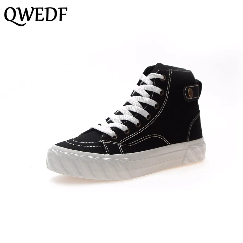 QWEDF 2019 Fashion High Top Sneakers Canvas Shoes Women Casual Shoes White Flat Female Basket Lace Up Trainers Chaussure SE-56