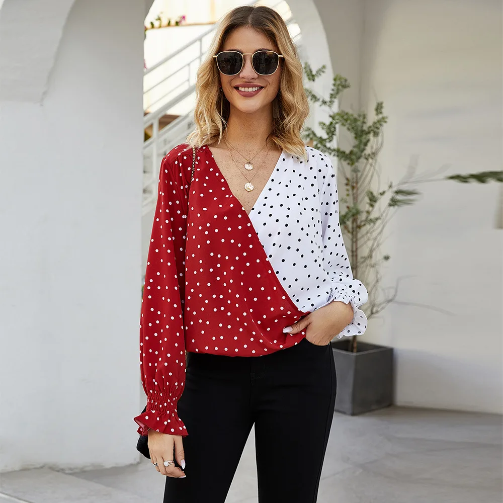 Spring 2020 Womens Tops Polka Dot Patchwork Long Sleeveless Solid Shirt Women Blusas Roupa Feminina Shirt