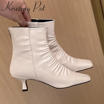 

Krazing Pot high quality high heels square toe zipper nightclub pleated solid superstar concise elegant women ankle boots L72
