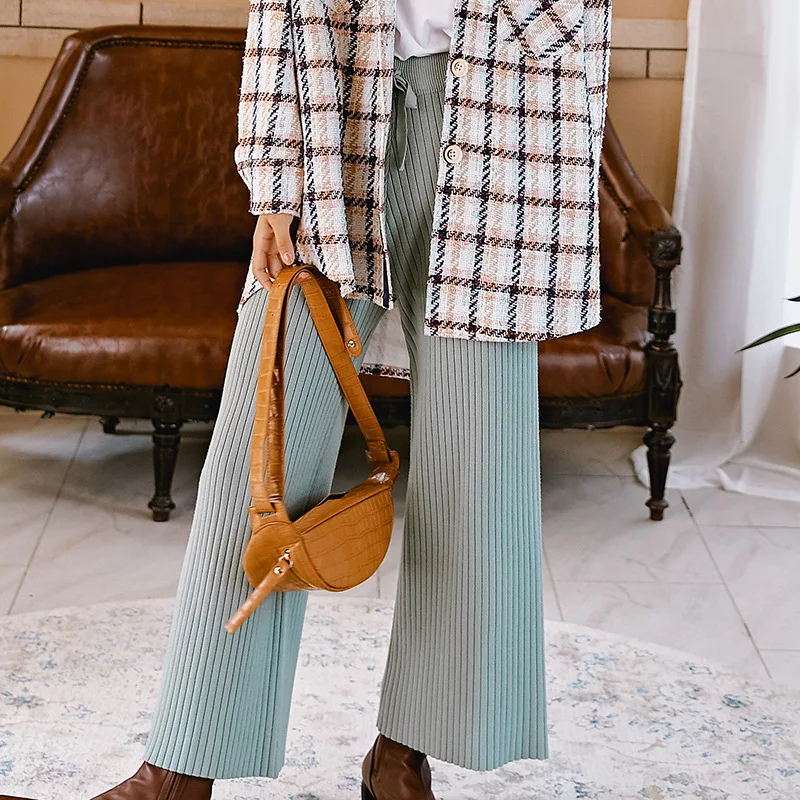 

Winter Pants New Fashion Big Size Waist Solid Color Super Elastic Knitted Wide-legged Straight Trousers and Pants for Women 2019