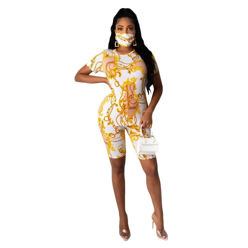chain Print Two Piece Set Casual shorts set women summer Tracksuits Skinny Elastic Sweat Suits fashion Outfits Outdoor Wear | Женская