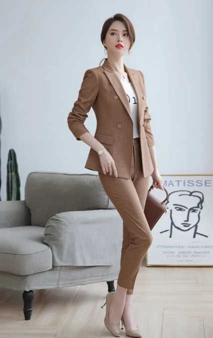 Yellow coat and pant Модный темперамент клетчатые брюки костюмы для женщин Осень Повседневный длинный рукав Блейзер и брюки Офисная Женская рабочая одежда розовый - Цвет: Yellow coat and pant