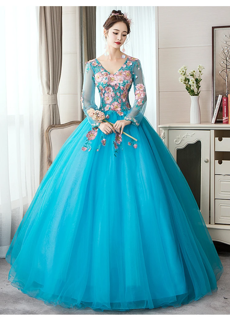 Trajes De Quinceaneras Новое Розовое Пышное Платье с v-образным вырезом и длинным рукавом, кружевное платье с цветочным рисунком размера плюс, кружевное платье на заказ для выпускного вечера