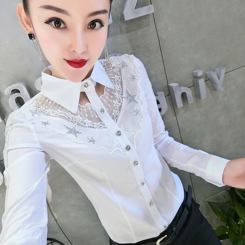 white Dingaozlz блузка рубашка новая мода кружевные топы элегантная вышитая блузка отложной воротник с длинным рукавом женская шифоновая рубашка - Цвет: white