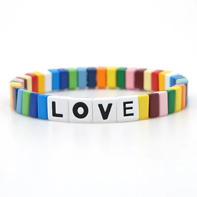 Letter LOVE Bohemia Ins Handmade Charm Enamel Rainbow Tile Bracelet Women Colorful Painted Metal Bracelets Wholesale Jewelry