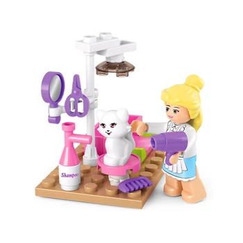 

SLUBAN 0515 Girl Friends Pet Grooming Cat Store Building Blocks Brick Compatible lepine Playmobil Toys For Children