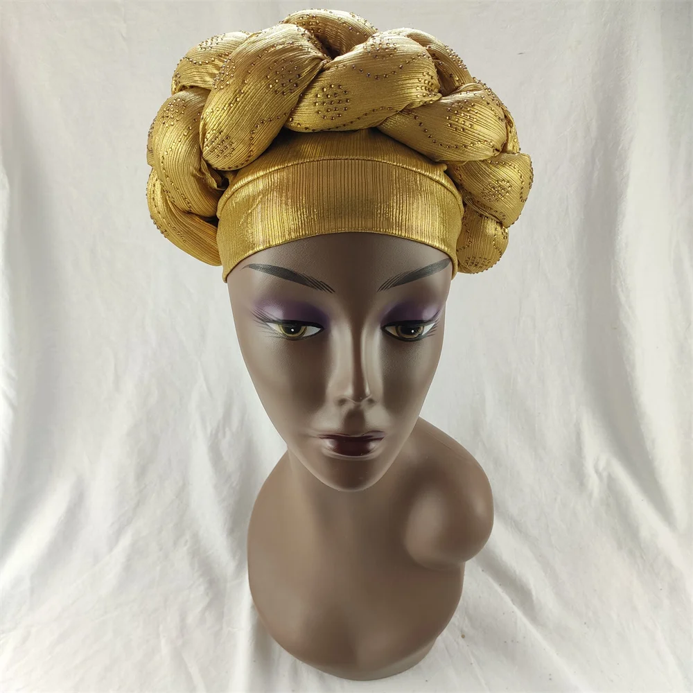 

2021African Nigerian Turban Cap With Women Cotton Breathe Hat Muslim Scarf Gel Headgear Wide Brim Auto Gele Aso Ebi Headtie