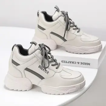 

CINESSD Microfiber Chunky Sneakers High Heel White Shoes Women's Spring 2020 Casual Shoes Women Sneaker Platform Thick Bottomed