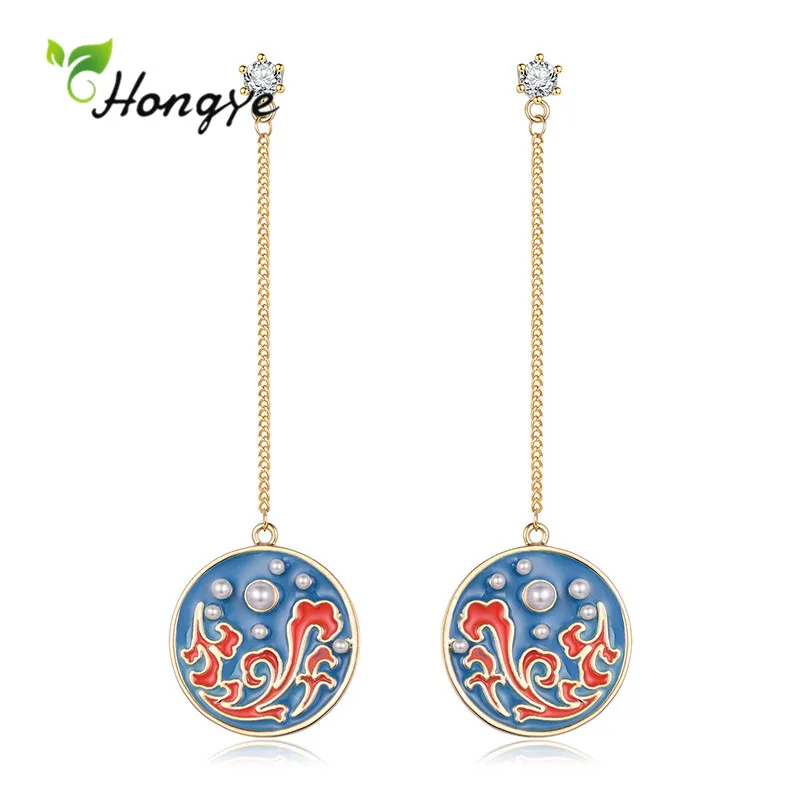 

Hongye New Round Pearl Drop Earrings For Women Blue Lacquer Circle Fashion Zircon Punk Long Metal Chain Jewelry Brincos 2020