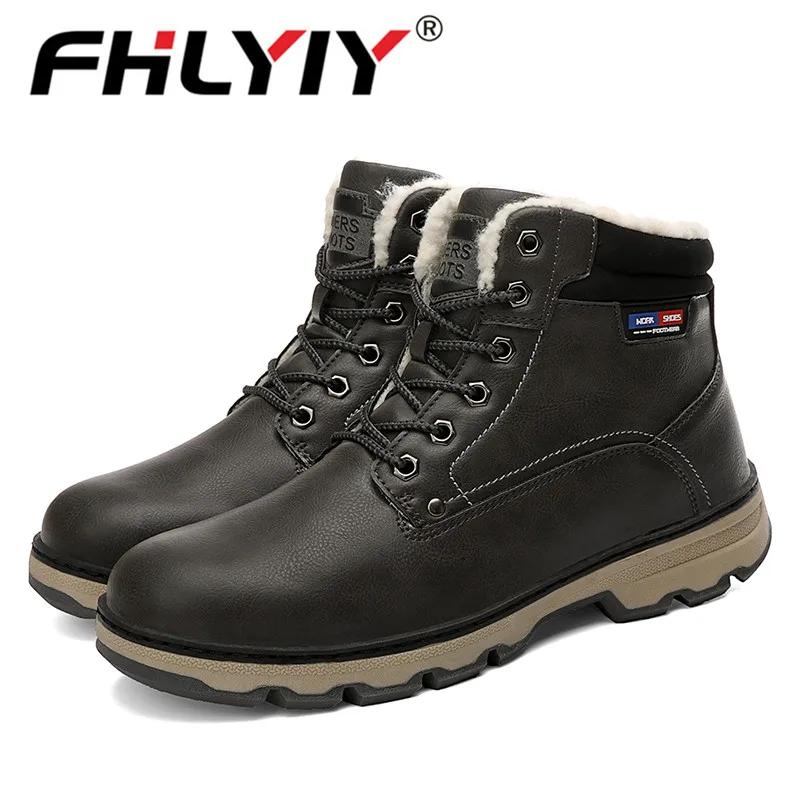 Grey Fhlyiy/зимние ботинки из искусственной кожи; теплые зимние ботинки; мужская обувь на шнуровке; кожаная плюшевая обувь на меху для мужчин; специальная обувь для мужчин - Цвет: Grey