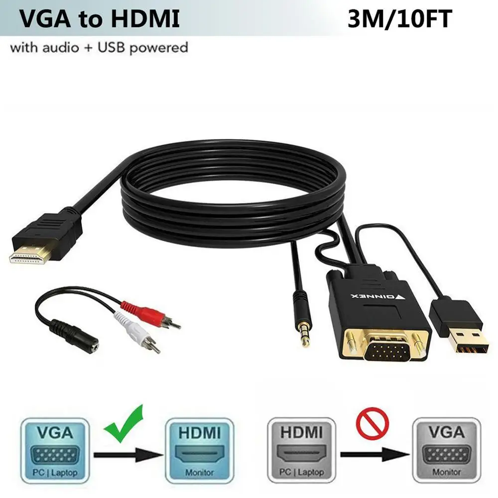 

FOINNEX 10FT VGA to HDMI Adapter/Converter Cable with Audio,1080P,Convert VGA Source (PC) in HDMI Connector of Monitor,TV.