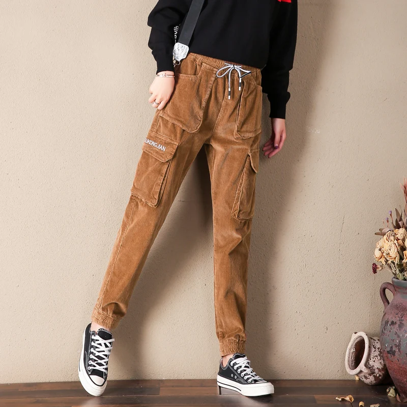 autumn beam feet high waist casual trousers Women's loose pocket harem pants Women's Elastic waist pants Female Corduroy pants