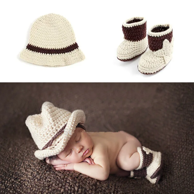 Newborn Baby Cowboy Crochet Costume Knitted Hat+Shoes Photography Props | Детская одежда и обувь
