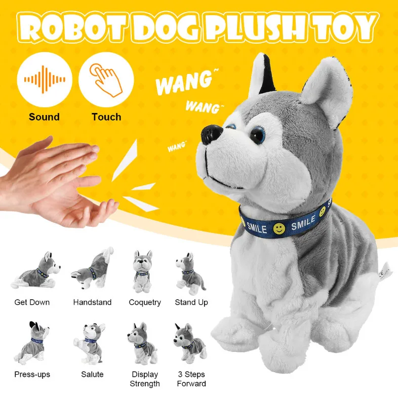 Controle de som eletrônico interativo cães brinquedo robô filhote de cachorro animais casca pé 8 movimentos brinquedos pelúcia para crianças presentes