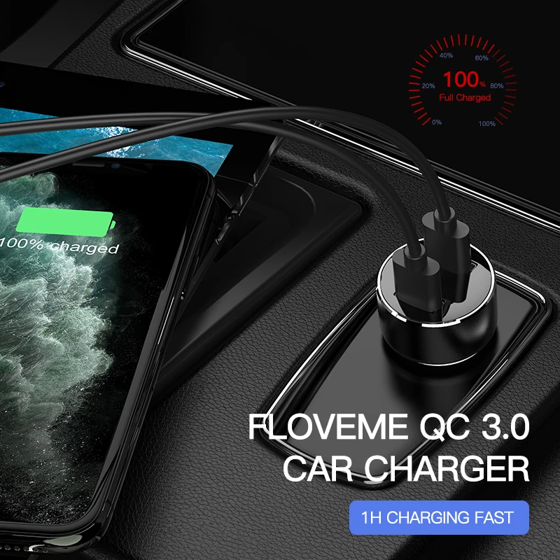 FLOVEME QC3.0 USB Автомобильное зарядное устройство 18 Вт Быстрая зарядка для iPhone Xiaomi Dual USB прикуриватель супер быстрое автомобильное зарядное устройство для мобильного телефона