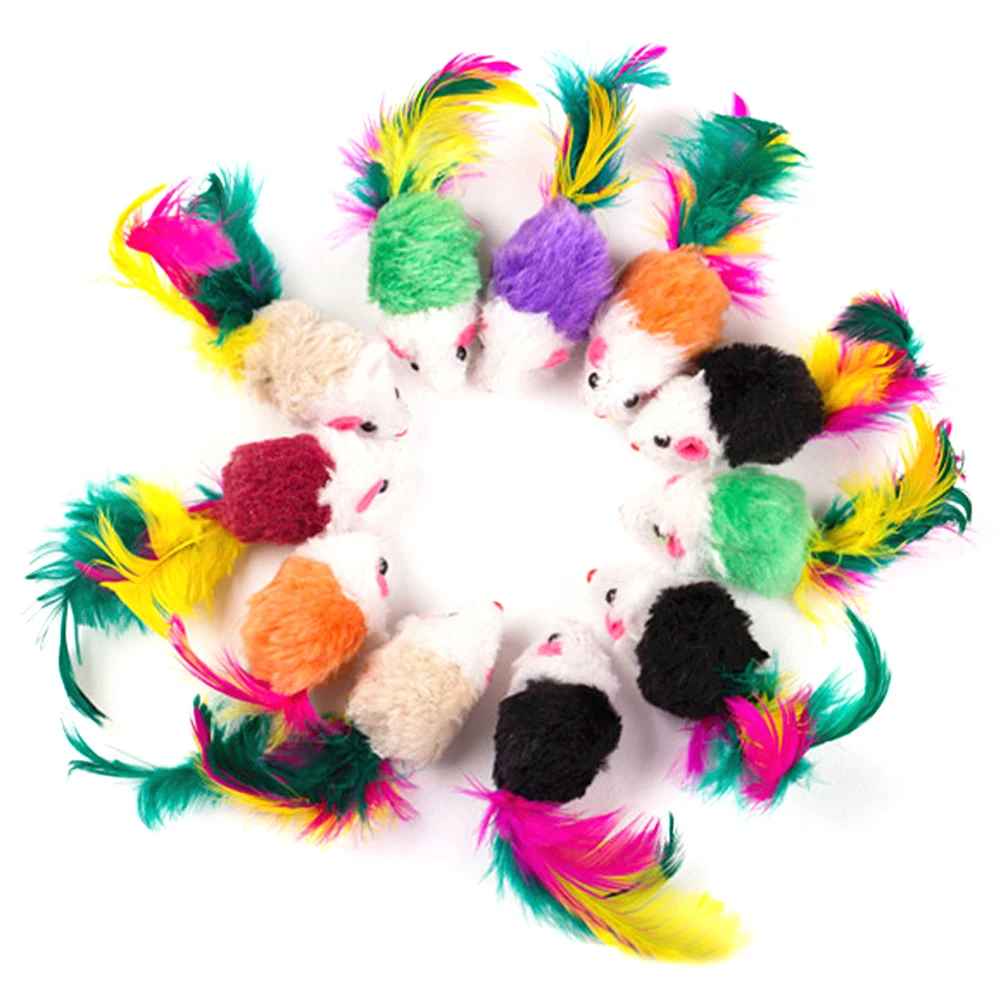 10pcs Mini Feather Plush Toy Pet Cat False Mouse Toy Colorful Feather Tail Toy Children Cartoon Funny Playing Toy Room Decor Toy