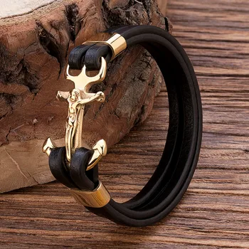 

TANGYIN Gold Color Anchor Multi-layers Stitching Religions Bracelet Bangle For Male Christian Jewelry Bracelets for Men Gift