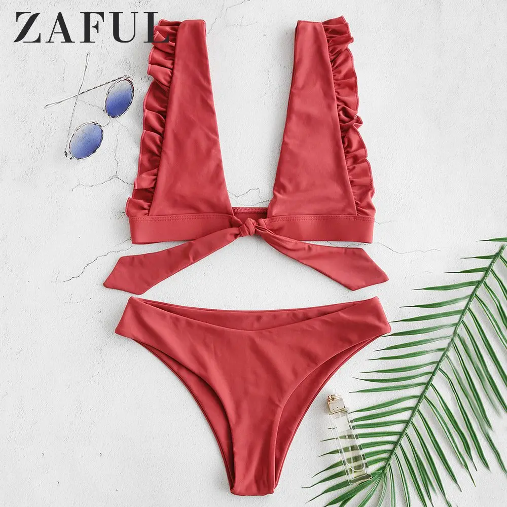 

ZAFUL Swimwears Women Plunging Knotted Ruffle Bikini Set 2020 New