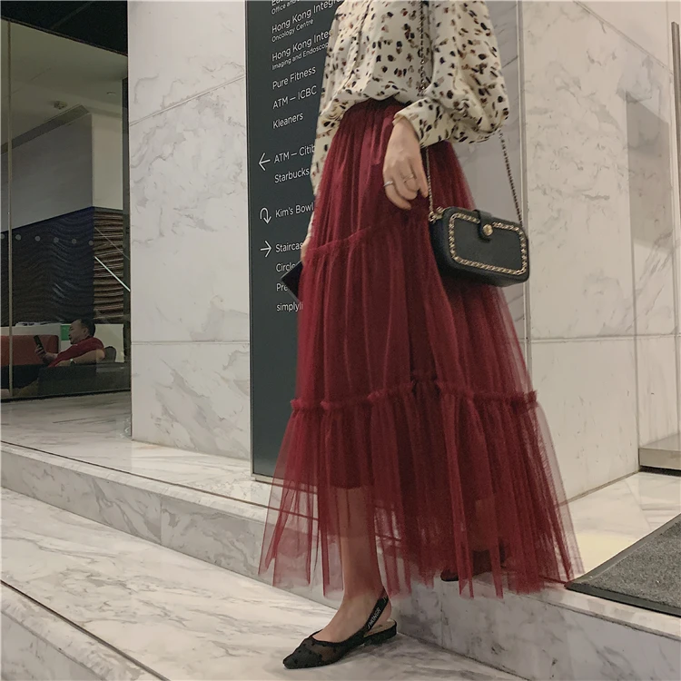 purplish red Новая весенняя большая юбка, плиссированная сетчатая юбка, женская модная юбка феи, большие вечерние юбки средней длины, подарок розового цвета - Цвет: purplish red