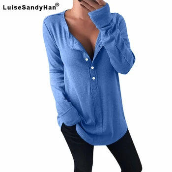 

V-neck Solid Color Button Women Tops Casual Fashion Pullover Long Sleeve Shirt 2020 Spring Summer Female