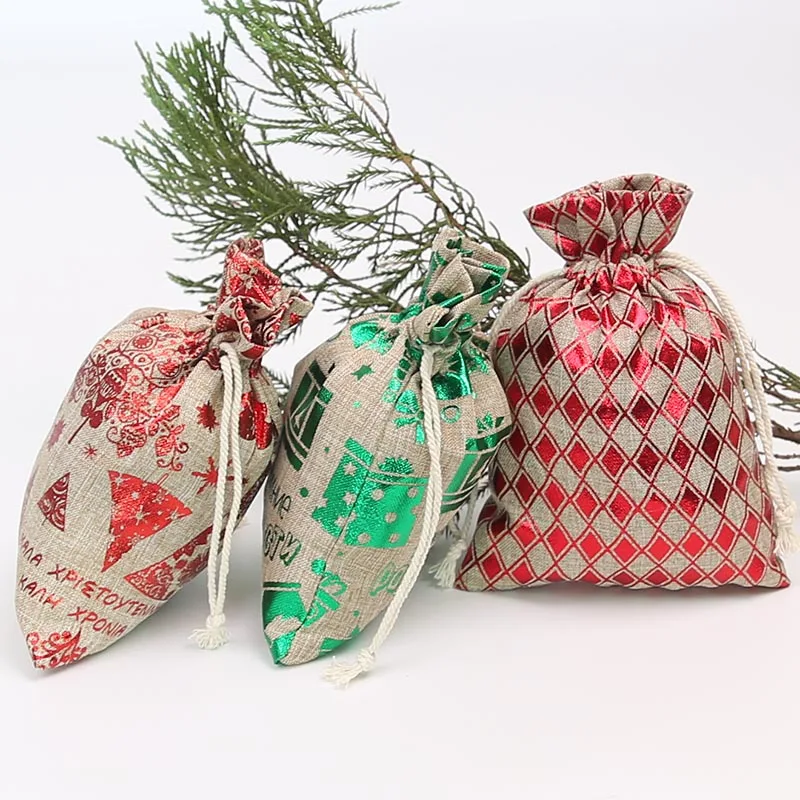 100 шт Рождественский подарок с принтами сумка 13*18 см имитация льна мешочек на шнурке для украшений Взрывная сумка для хранения