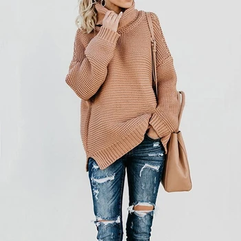 

GAOKE Women Retro Turtleneck Knitted Long Pullovers Autumn Winter Casual Loose Solid Sweaters Thick Knitting Jumper Pull