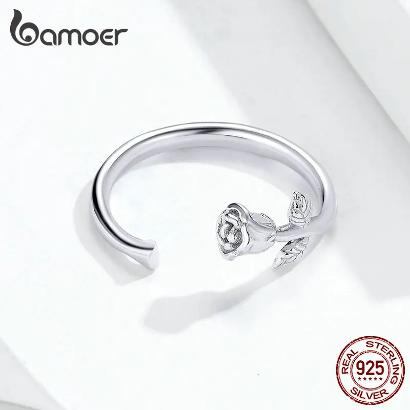 Bamoer Love Rose Flower, регулируемое кольцо на палец для женщин, 3D ветка, Цветочный, открытый размер, кольцо, 925 пробы, серебряные ювелирные изделия, GAR065