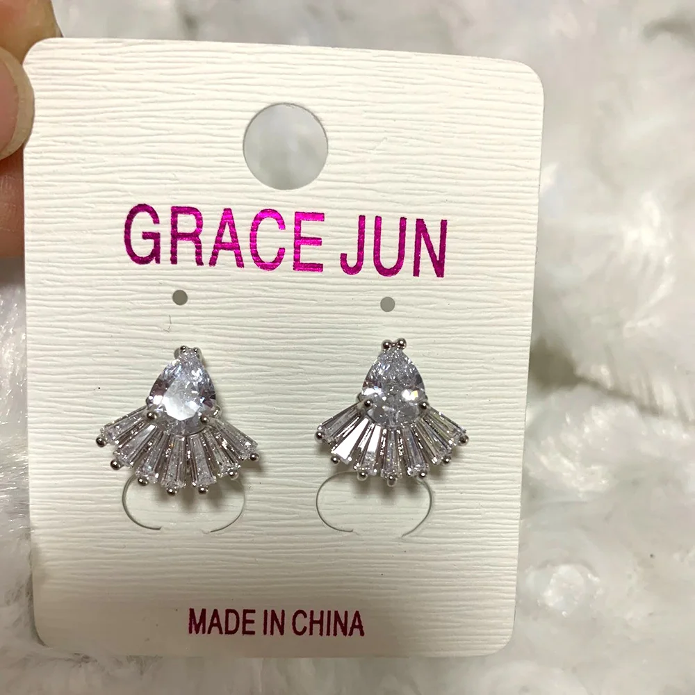 GRACE JUN 12 Colors AAA Cubic Zircon Tear Drop Geometric Clip on Earrings No Pierced for Women Party Wedding Charm Ear Clip New 