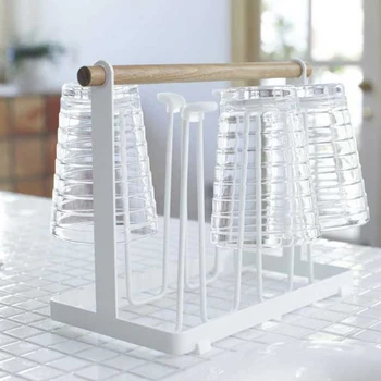 

Cup Drying Rack Stand 6 Cup Metal Drainer Holder Rack Non-Slip Mugs Cups Organizer With Wood Handle White