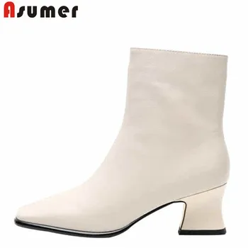 

ASUMER Genuine leather boots women solid color square high heel solid color simple ladies shoes square toe female ankle boots