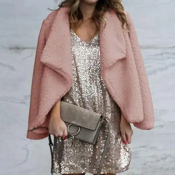 

Fashion Women Autumn Winter Solid Color Lapel Collar Woolen Cardigan Short Coat