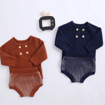 

2pcs Baby Girls Boys Knitted Clothes Long Sleeve Cardigan+Striped Shorts Toddler Clothing Set Spring Fall Outfits