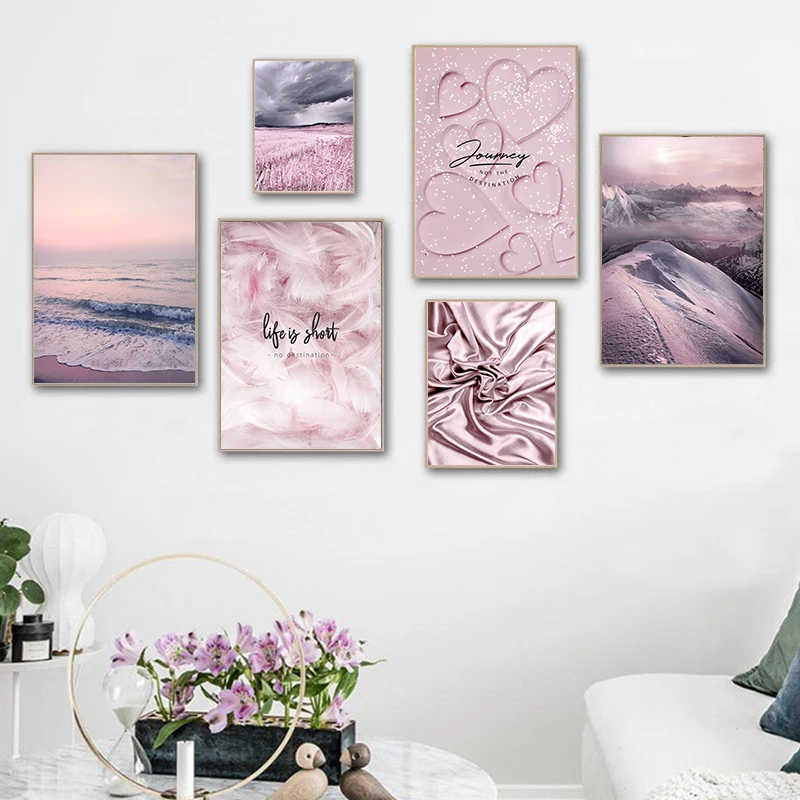 Розовый фиолетовый Пейзаж Плакат пляж снег горы перо жизнь красивый дом стены Искусство украшение Картина на холсте