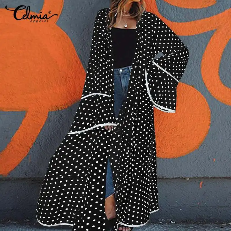 

Bohemian Ruffles Shirts Celmia Women Polka Dot Sexy Long Kimono Cardigans 2019 Summer Beach Cover Up Casual Blouse Plus Size Top