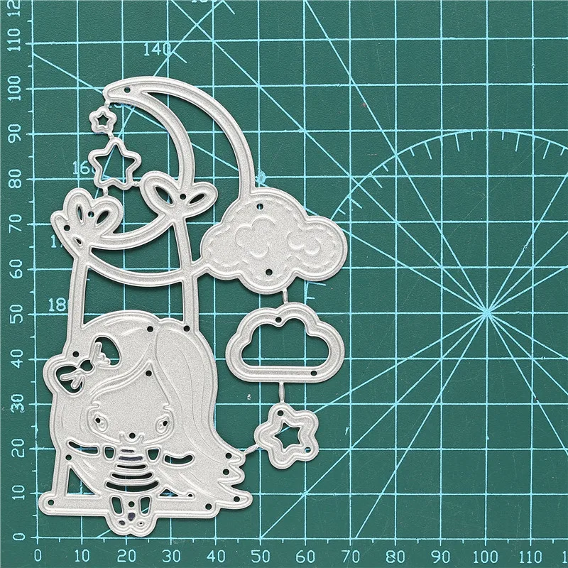 

YaMinSanNiO Girl on Moon Swing Metal Cutting Dies with Stitched Cloud Star Embossing Stencil Scrapbook Template Punch Crafts