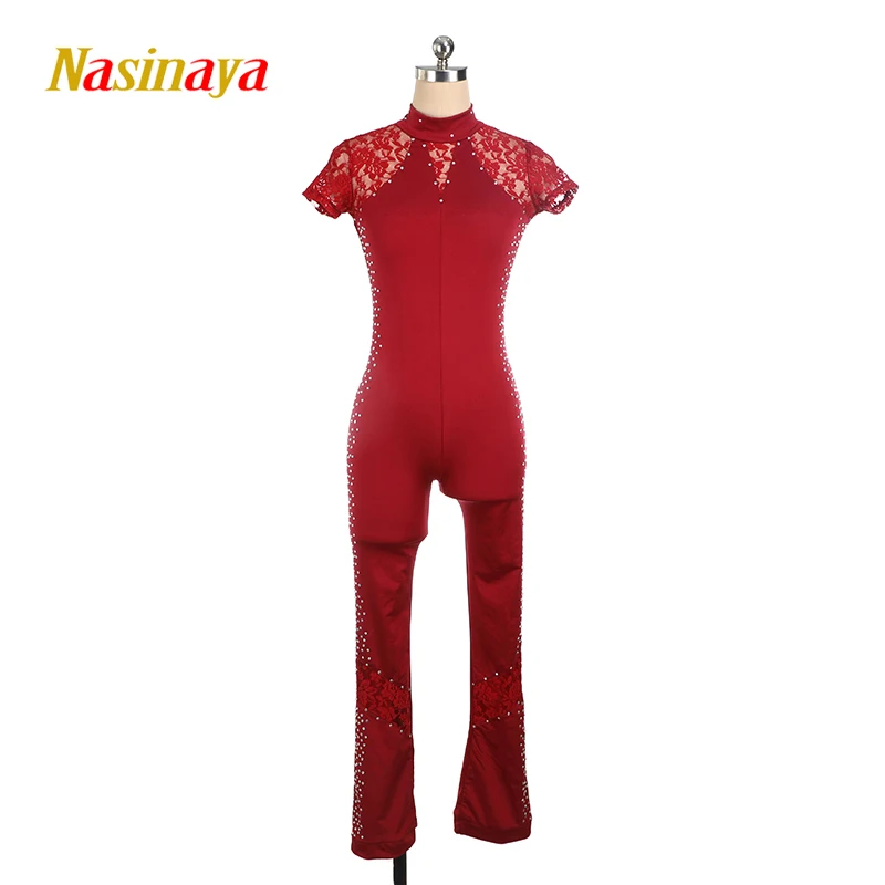 Nasinaya Girls' Figure Skating Competition Leotard Bodysuit Women's All In One Patinaje Short Sleeve Black Lace
