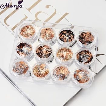

Monja 12 Boxes/Set Nail Art Mix Style Flakes Moon Star Cross Crown Leaf Flower Butterfly Hollow Rivet Slice Manicure Decorations