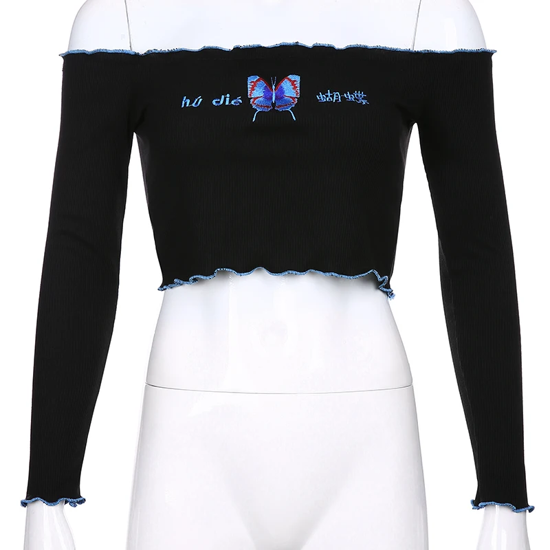 Weekeep/женская футболка с вышивкой и длинным рукавом, укороченный топ с вырезом-лодочкой и длинным рукавом, сексуальная уличная одежда, черный укороченный Топ для женщин