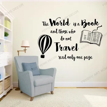 

YOYOYU Book Reading Wall Sticker World Is Book Quotes Wall Decal Library Decor Hot Air Balloon Design Wallpaper Mural rb665