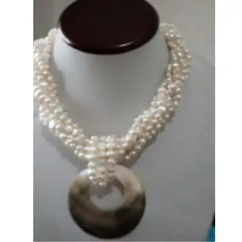 

Jewelry Free Shipping Strands White Cultured Fresh water Pearl Necklace Large Mother of Pearl pendant