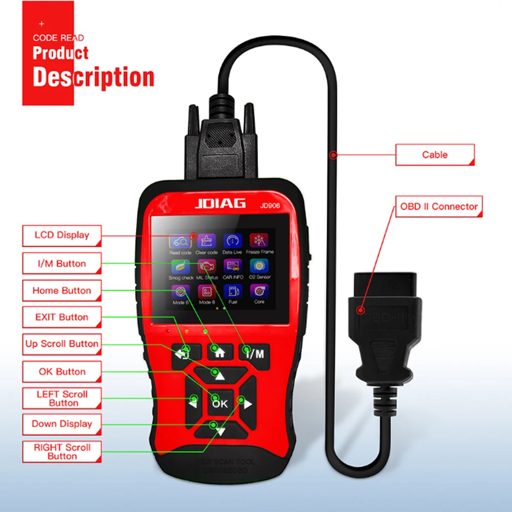 JDiag JD906 автомобильный диагностический инструмент OBD2 считыватель кода