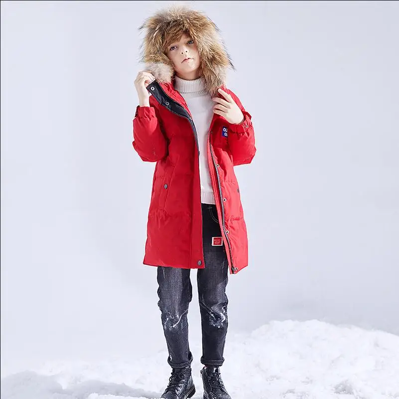 red ; детское пуховое пальто; новая зимняя одежда с капюшоном; утепленная теплая верхняя одежда с натуральным меховым воротником; детская пуховая куртка; Y2104 - Цвет: red