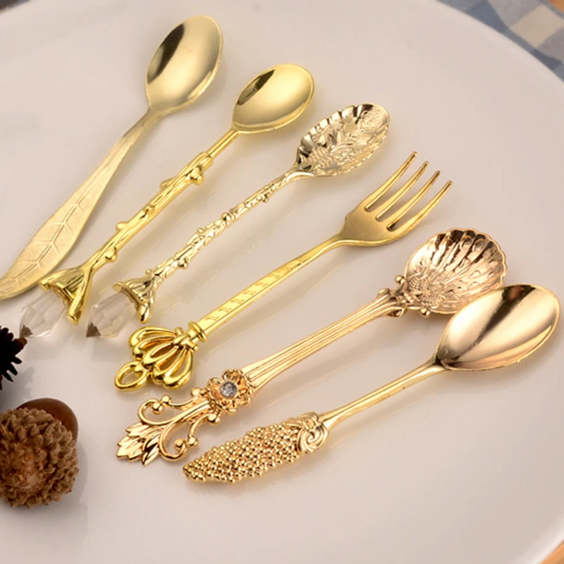 6Pcs Mini Vintage Royal Coffee Spoon Fork Ice Cream Teaspoon Flatware Tableware 